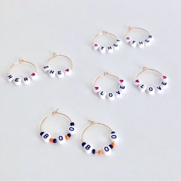 New Pronouns She Her Message Word Love Handmade Earrings Hoops Taylor Swift Gift - Picture 2 of 5